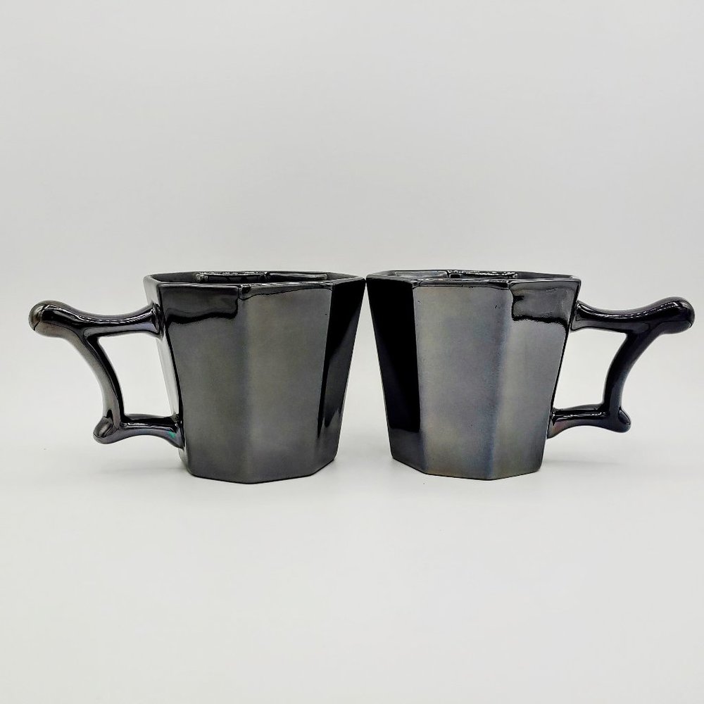 (2) STARBUCKS Mugs - 2013 Iridescent Gunmetal Gray Pewter Metallic Octagon Cups